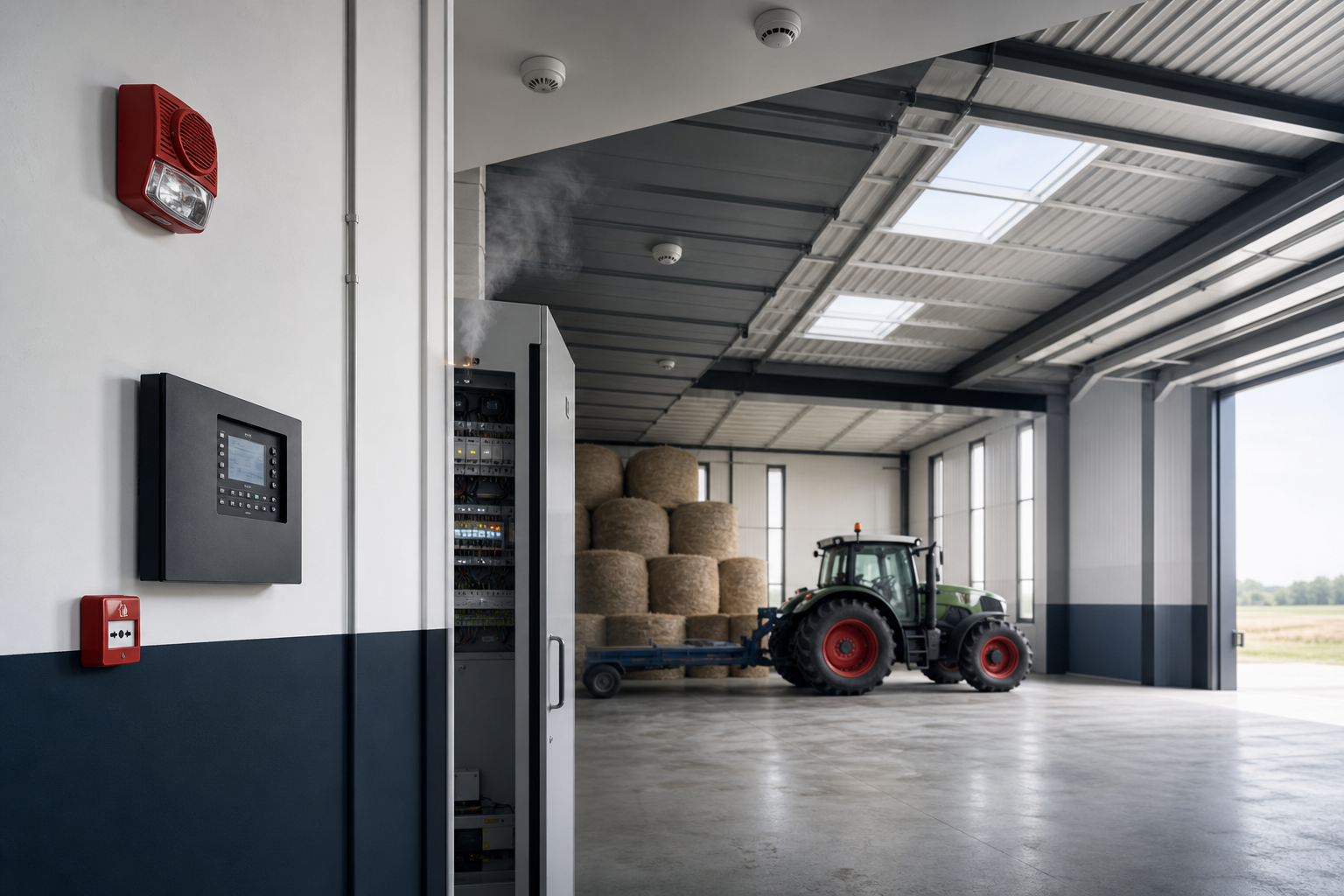 Détecteurs, sirène, déclencheur manuel et centrale incendie dans un hangar agricole