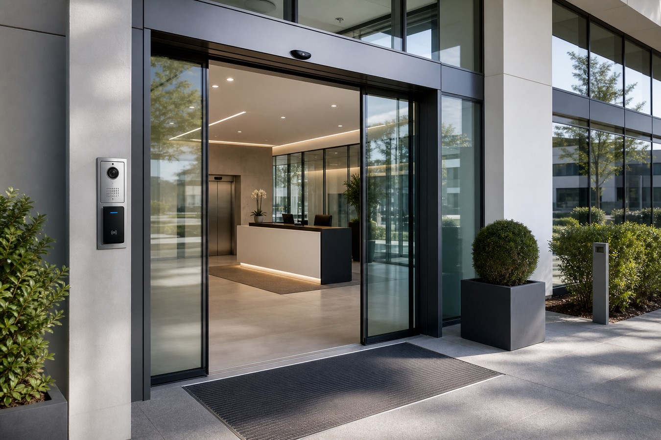 Entrée d’une entreprise équipée de solutions de sécurité