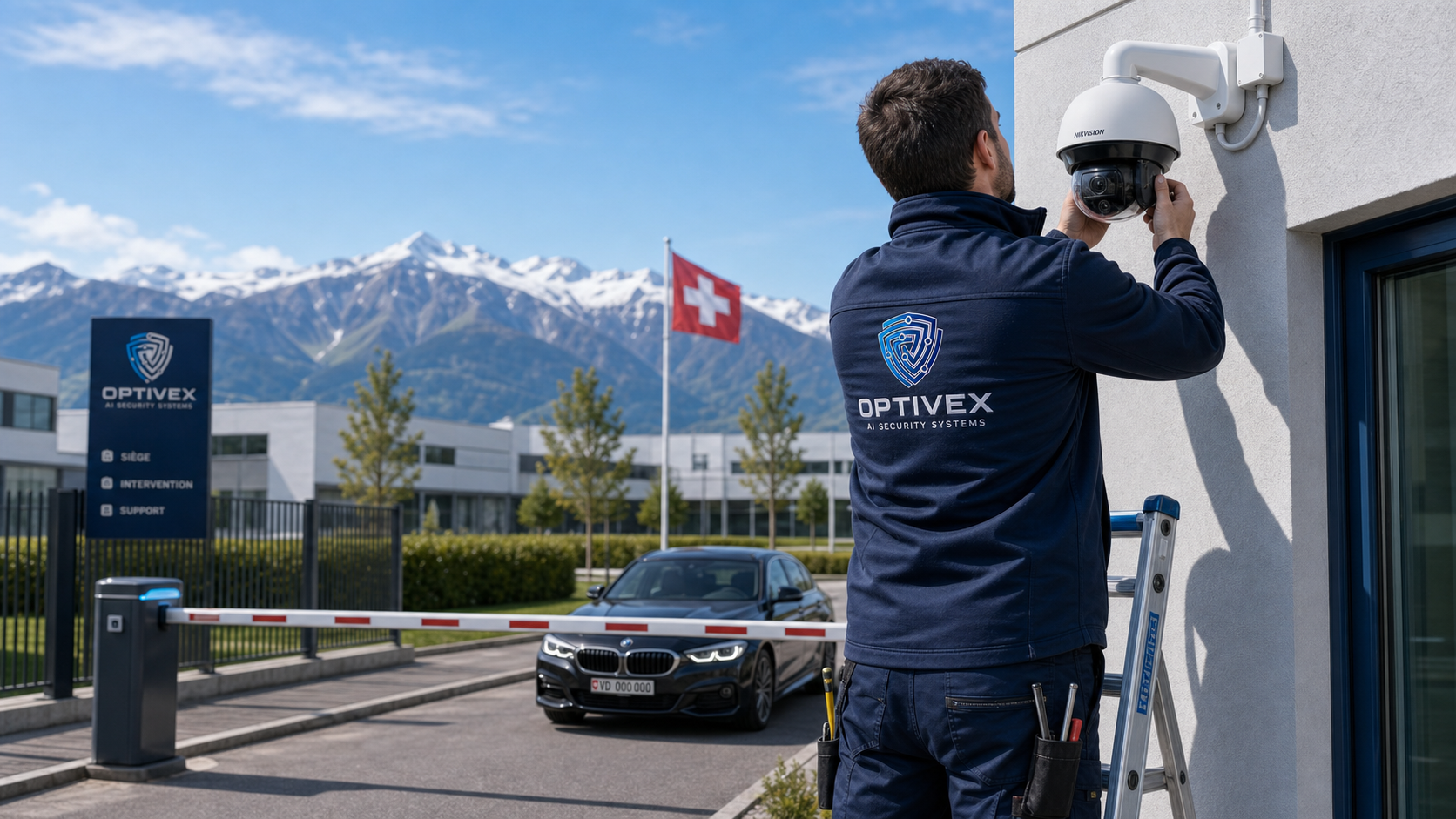 Technicien OPTIVEX installant une caméra de sécurité